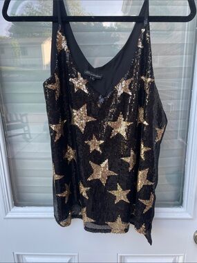 Shinestar Black Sequin Tank with Gold Star Motif